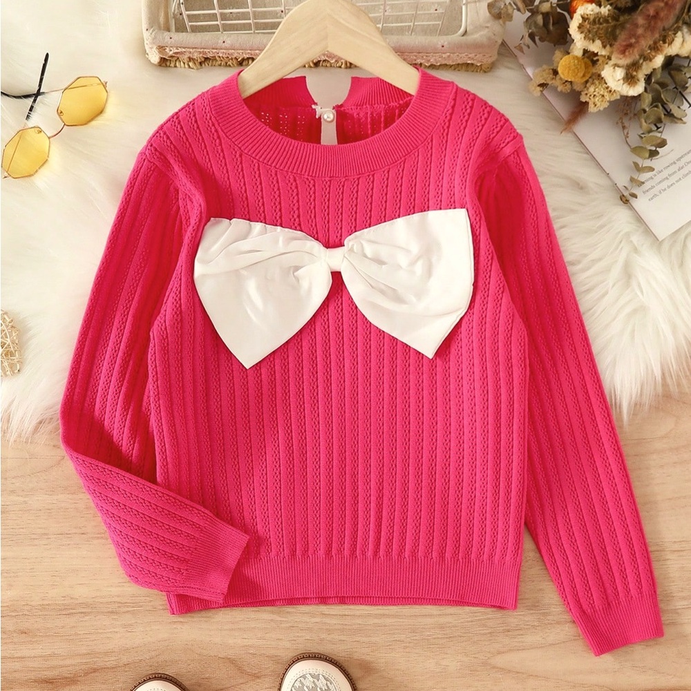 Hot Pink Girls Medium Bow Sweater